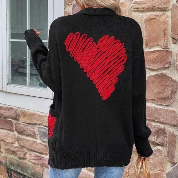 Black Casual Womens Heart Print Cardigan - Picture 1 of 5